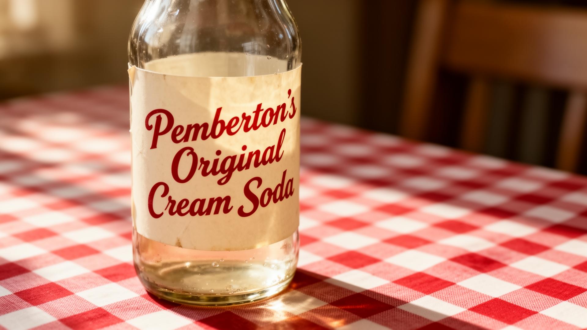 A glass bottle of Pemberton's Original Cream Soda on a red and white checkered tablecloth